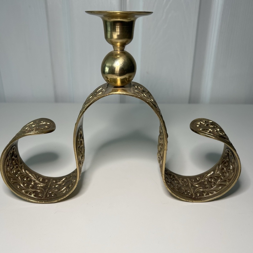 Large Mid Century Modern MCM Brass Candle Holders Ornate Curled‎ Design - Set 2
